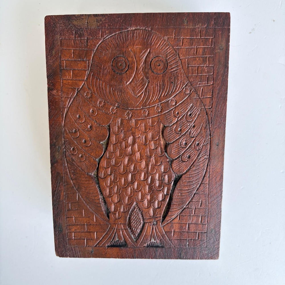 Vintage Hand Carved Wooden Owl Trinket Box Made in India Floral Detail 6.5in